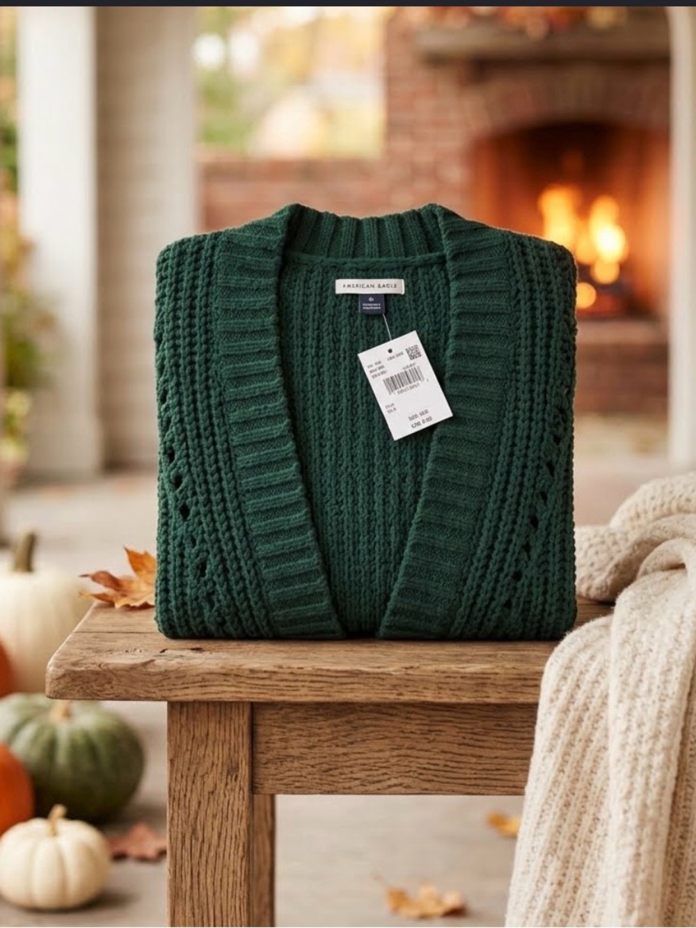 American Eagle Forest Green Open-Front Knit Cardigan
